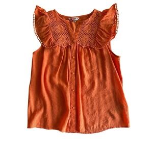 EUC Nanette Lepore Flutter Sleeve Button Up Sz‎ Small Orange Embroidered Whimsy